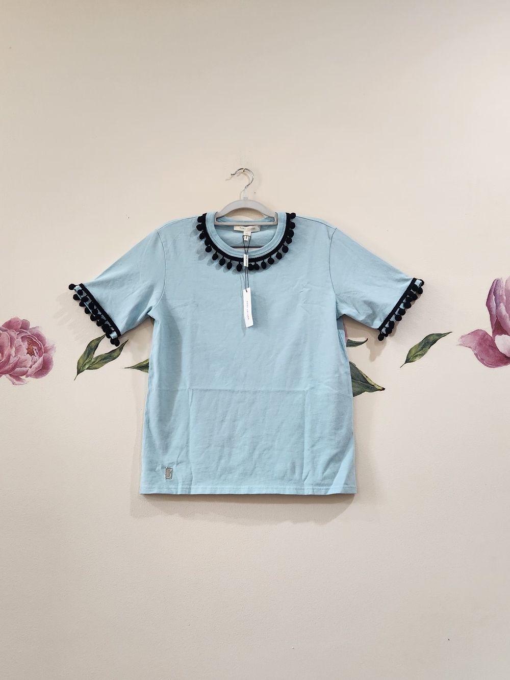 Marc Jacobs Light Blue Short Sleeve Tee with Black Pom-Pom Trim